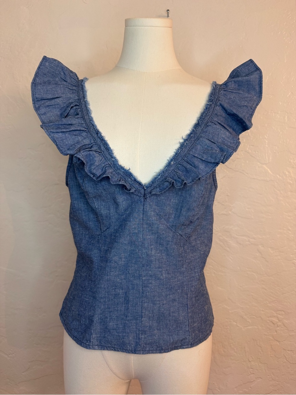 Free People Chambray Hemp Cotton Ruffle Tank Top Blue Size S